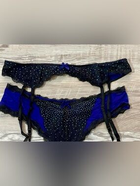 NWT Victoria’s Secret Dream Angels Blue Satin Gemstone Garter Belt Panties M/L